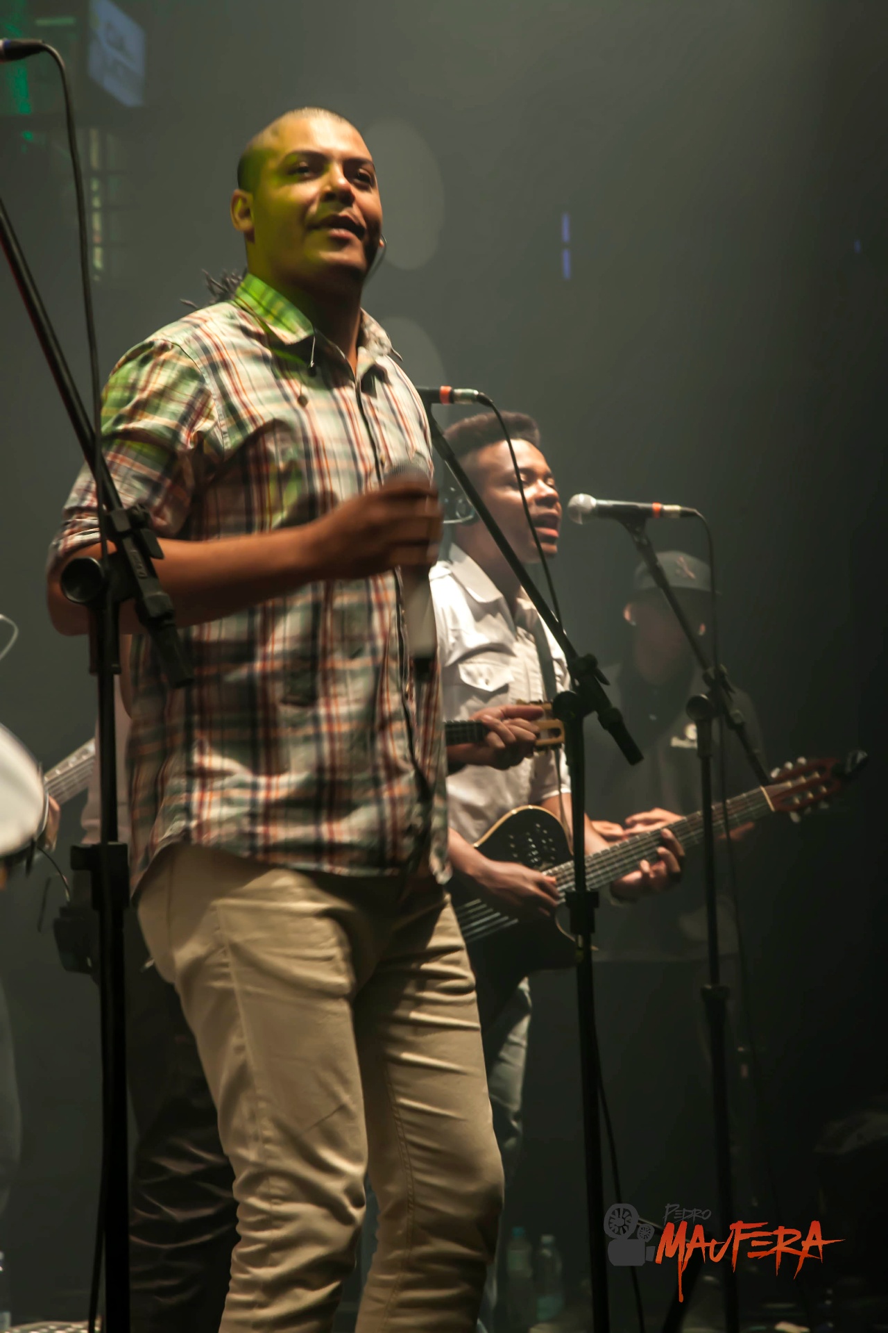 Cantor de camisa xadrez sob luz esverdeada